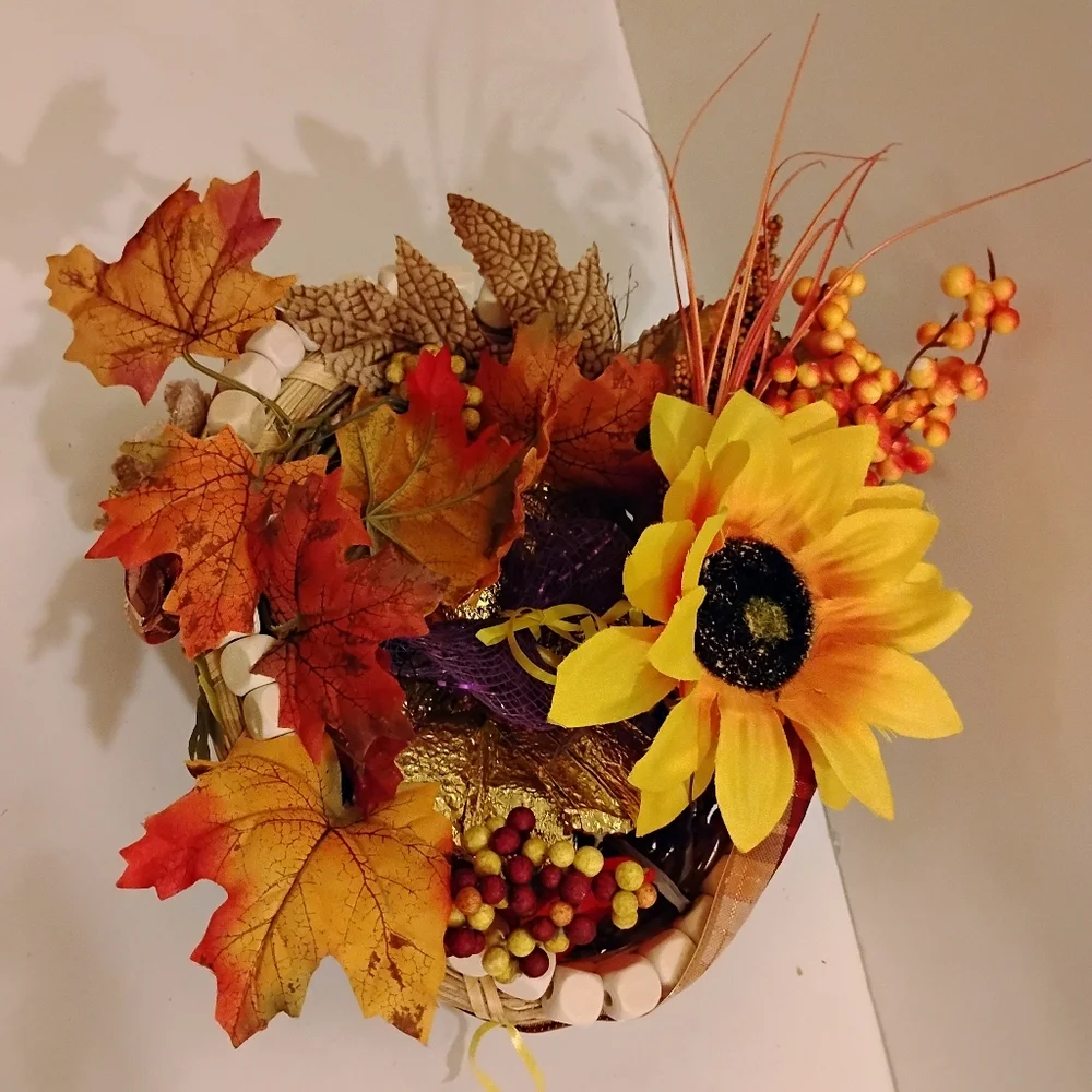 Autumn Harvest Floral Berries Leaves Small Basket Mixed Media Homemade Accents